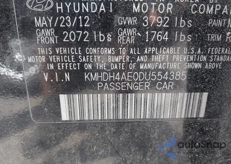2013 Hyundai Elantra Gls из США, поврежденный, VIN KMHDH4AE0DU554385